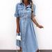 Cross-border Russian Foreign Trade 2025 Summer Women's New Button-up Shirt Short-sleeve Denim Dress_ecoleips.com