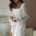 Women's French Style Fishtail Dress Square Neckline Spliced Mesh Sheer Flared Sleeves Slim Waist Solid Color 2026 New_ecoleips.com