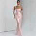 Women's Square Neck Spaghetti Strap Long Dress Solid Color Slim Fit Pleated Waist Fishtail Skirt Ribbon Ties_ecoleips.com