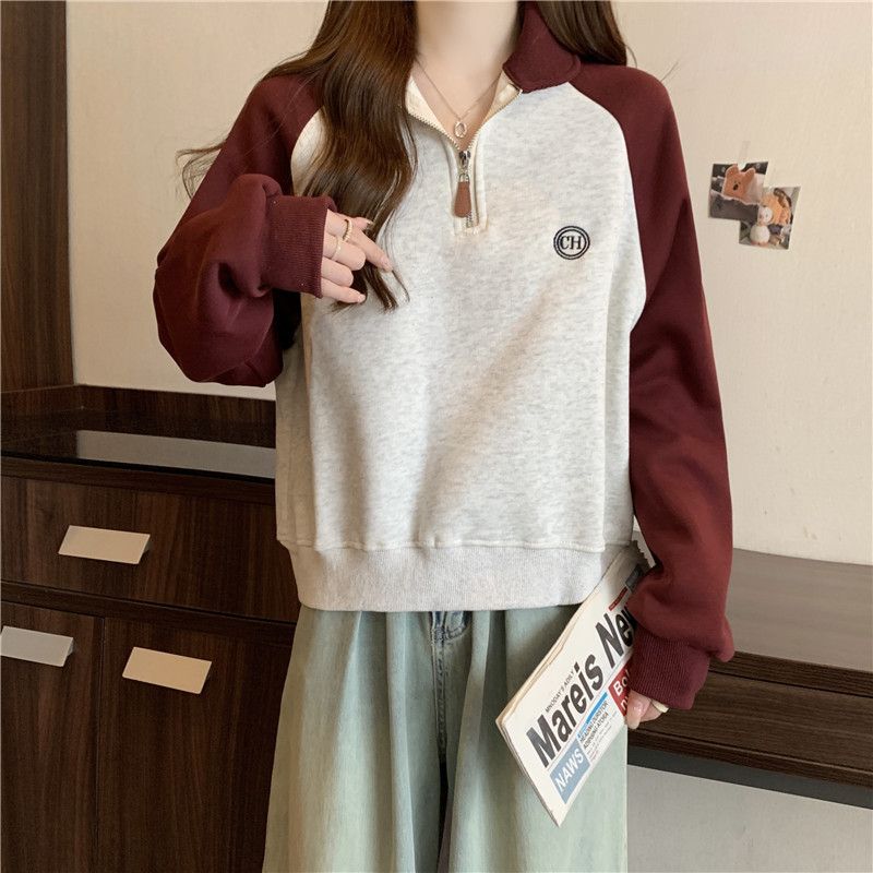 Real Shot European American Half-Zip Polo Collar Sweatshirt For Women, Spring And Autumn Thin Loose Embroidered Youthful_ecoleips.com
