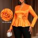 3D Floral V-Neck Blouse – Elegant Ruffled Hem & Waist-Defining Long Sleeve Top For Office To Evening_ecoleips.com