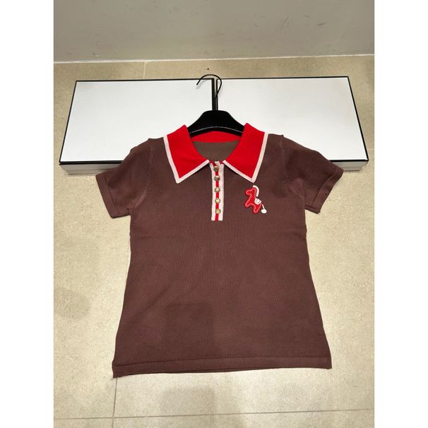 2026 Summer New Knit Trendy Brand Polo Collar Short Brand Logo Sleeve Color-Block T-Shirt Loose Versatile Women's Top_ecoleips.com