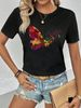 Women's Casual Black T-Shirt round Neck Short Sleeve Butterfly Print European American Style Sportswear Top for Summer_ecoleips.com