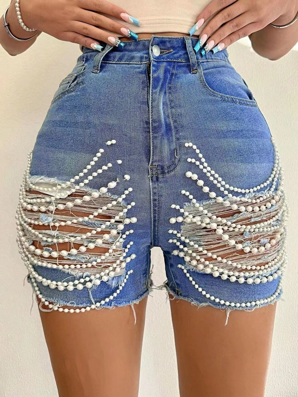 Women's Clothing New High Waist Slim Handmade Beaded Hole Hot Pants_ecoleips.com