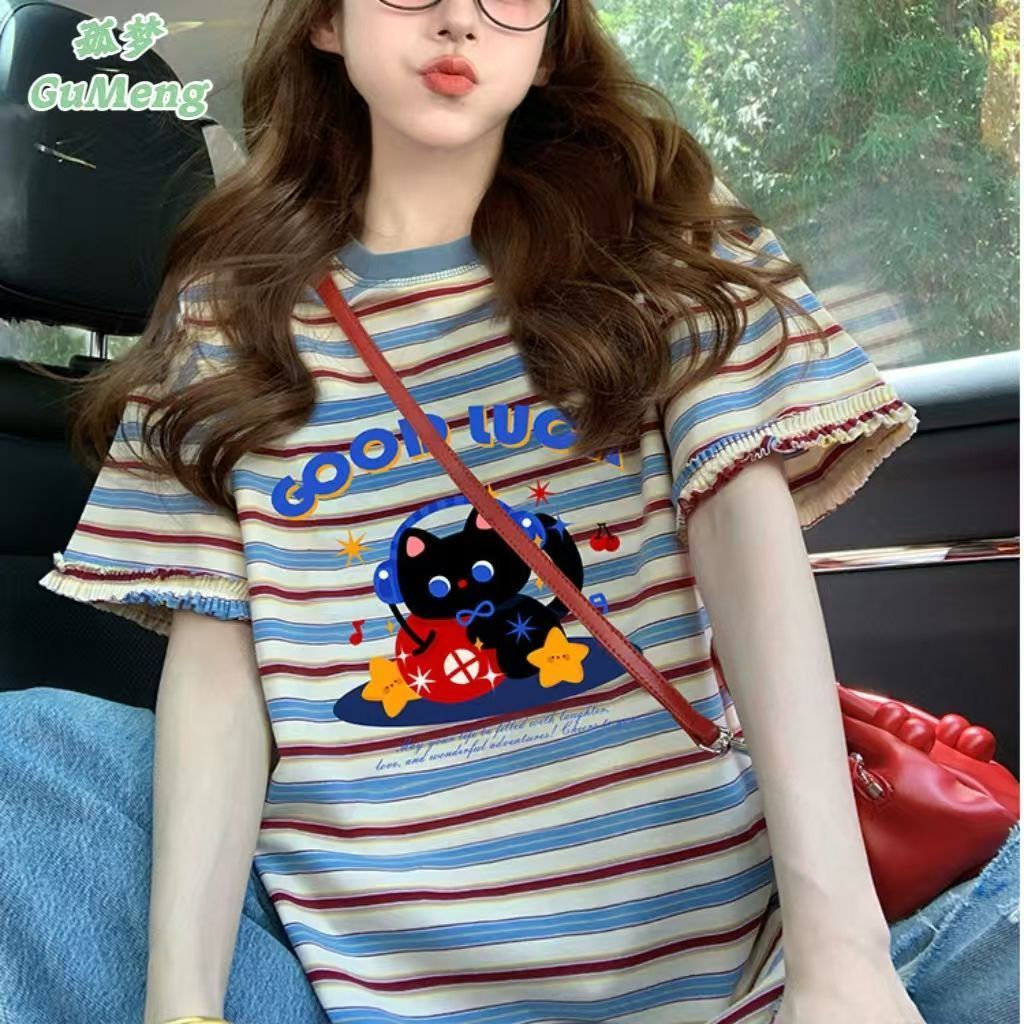 Dopamine-colored Striped Short-sleeve T-shirt For Women, Summer Design With Ruffled Edges, Loose Fit, Plus Size,_ecoleips.com