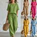 Spring/Summer Women's Loose Slimming Two-Piece Set European And American Style Cross Border Fashion Side Button Short Sleeved Top Wide Leg Pants_ecoleips.com