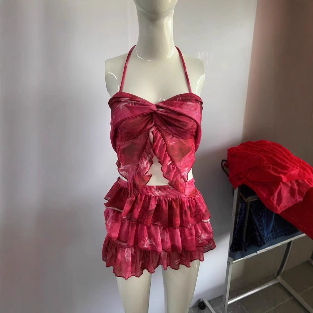 Summer Women's French Street Vacation Outfit Sexy Mini Skirt Ruffled Strap Set_ecoleips.com
