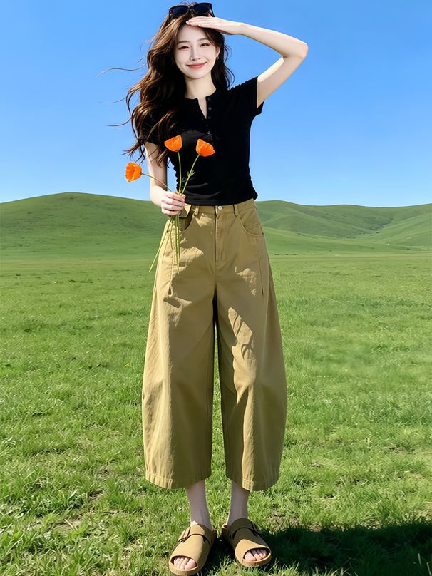 Gray Cargo Jeans for Women High Waist Wide Leg Casual Cropped Pants Slimming High Street Loose Fit New Summer Lazy Style_ecoleips.com