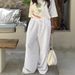 Women's Clothing Solid Color Elastic Cotton And Linen Drawstring Street Style Trousers, White Casual Straight Leg Floor Length Trousers_ecoleips.com