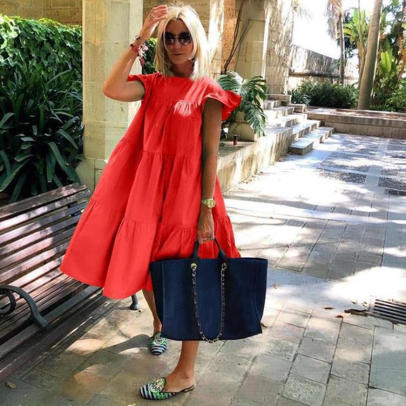 Aria Basics Aria Basics Foreign Trade Women's Summer European And American Cross-border Loose Pleated Short-sleeve Dress, Solid Color_ecoleips.com