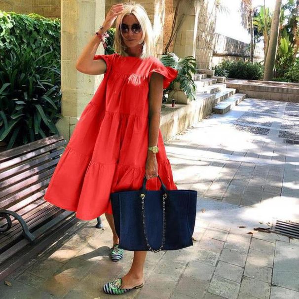 Aria Basics Aria Basics Foreign Trade Women's Summer European And American Cross-border Loose Pleated Short-sleeve Dress, Solid Color_ecoleips.com
