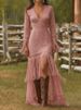 Sexy Jacquard Boho Solid Gowns Elegant V-Neck Long Sleeve Wedding Dress Women's Fashion Lace Fringe High Waist Hollow Maxi Dress_ecoleips.com
