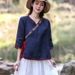 2026 Spring/Summer Cotton And Linen Women's Artistic Retro Seven-Calf-Sleeve Oblique-Collar Belted Embroidered V-Neck To_ecoleips.com
