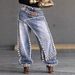 Women's High Waisted Straight Leg Jeans Heavy Duty Patchwork Hand Studded Rhinestone Design Casual Cotton Pants for Autumn_ecoleips.com