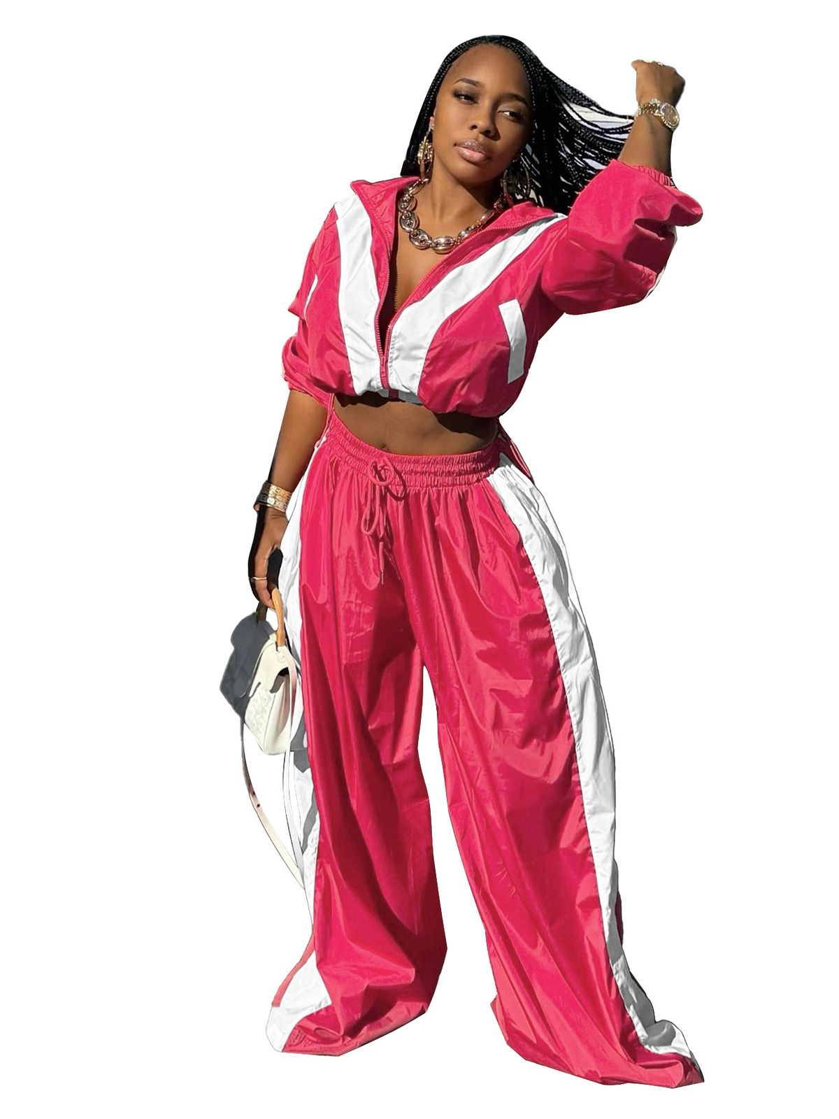 Women's Clothing Women's Trendy Two Piece Suit Zipper Waist Collage Contrast Color Oversized Super Fat For Formal & Casual_ecoleips.com
