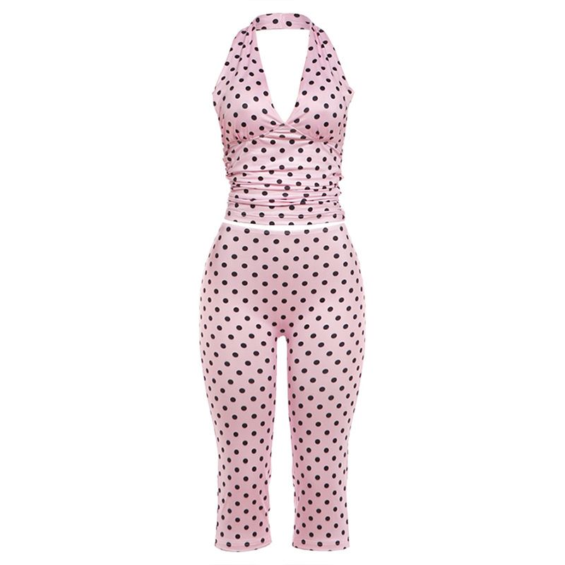 Summer Women's Halter Neck Backless V Neck Vest Polka Dot Slim Fit Capri Pants Set Sexy Style New_ecoleips.com