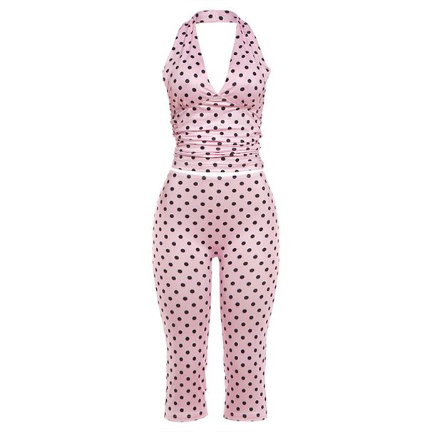 Summer Women's Halter Neck Backless V Neck Vest Polka Dot Slim Fit Capri Pants Set Sexy Style New_ecoleips.com