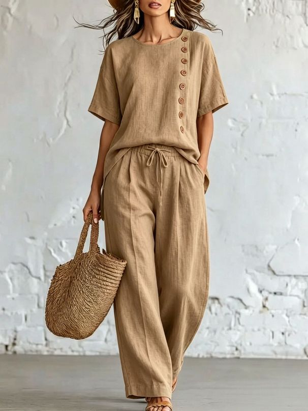 Spring/Summer Women's Loose Slimming Two-Piece Set European And American Style Cross Border Fashion Side Button Short Sleeved Top Wide Leg Pants_ecoleips.com
