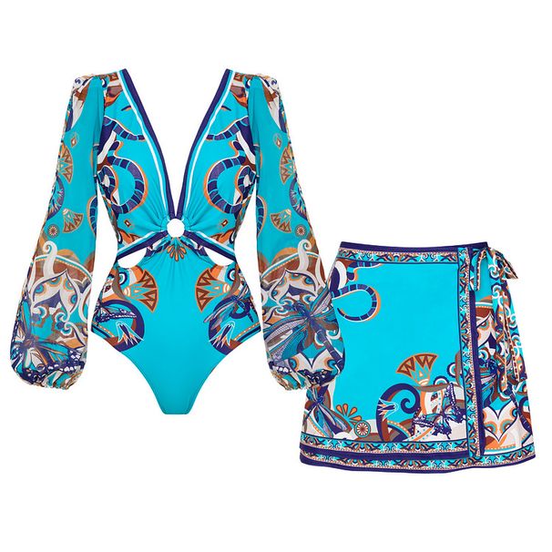 Women's Trendy Sexy One Piece Swimsuit Long Pants Polyester Printed Swimwear Set_ecoleips.com