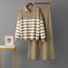 Women's Cross Border Striped Knitted Suit Polo Collar Loose Sweater And Wide Leg Pants Two Piece Set Casual Sports Spring Autumn_ecoleips.com