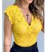 Aria Basics Aria Basics Plus Size Women's Clothing Slim Fit Sexy Hollow Out V-Neck T-Shirt Solid Color Lace_ecoleips.com