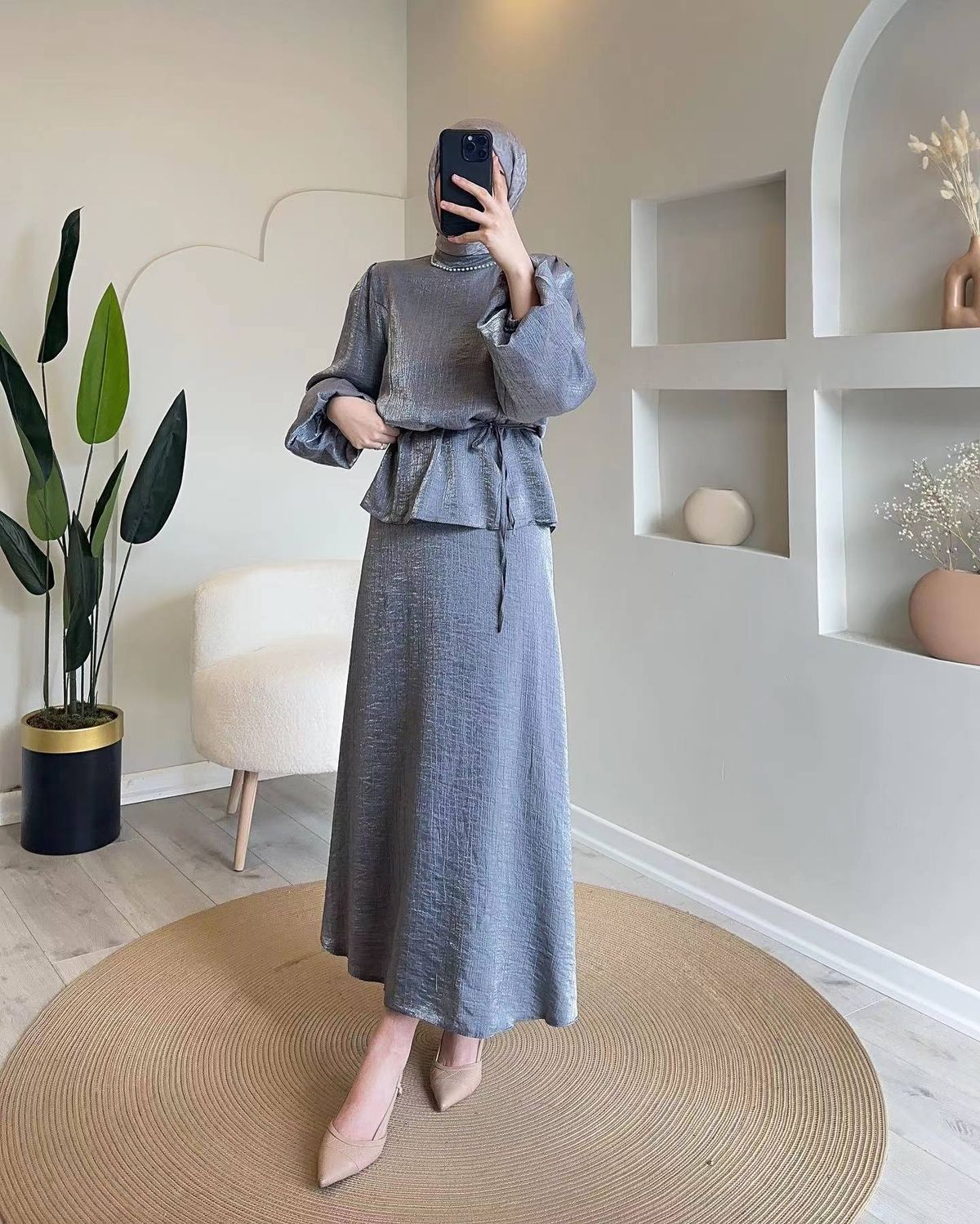 2025 Spring New Women's Muslim Solid Color Elegant And Generous Skirt Set With Ties_ecoleips.com