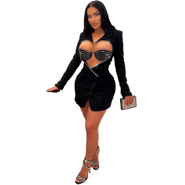 Women's Clothing Slim Fit Two Piece Set Style Sexy Solid Color Bodycon Suit With Rhinestone Heart Shaped Design For Women_ecoleips.com
