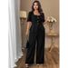 Large Size Women's Clothing Solid Color Square Neck Waist Top Straight Trousers Set Bubble Sleeve Top Drape Wide Leg Pants_ecoleips.com
