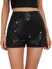 2025 Fashion Sequin Slim Fit Hot Pants Black Solid Color Mid-Waist Sexy Straight Shorts_ecoleips.com
