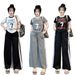 Women's Summer Fashion Two Piece Set Letter Print Color Blocking Short Sleeve Top with Side Stripe Wide Leg Pants Loose Fit_ecoleips.com