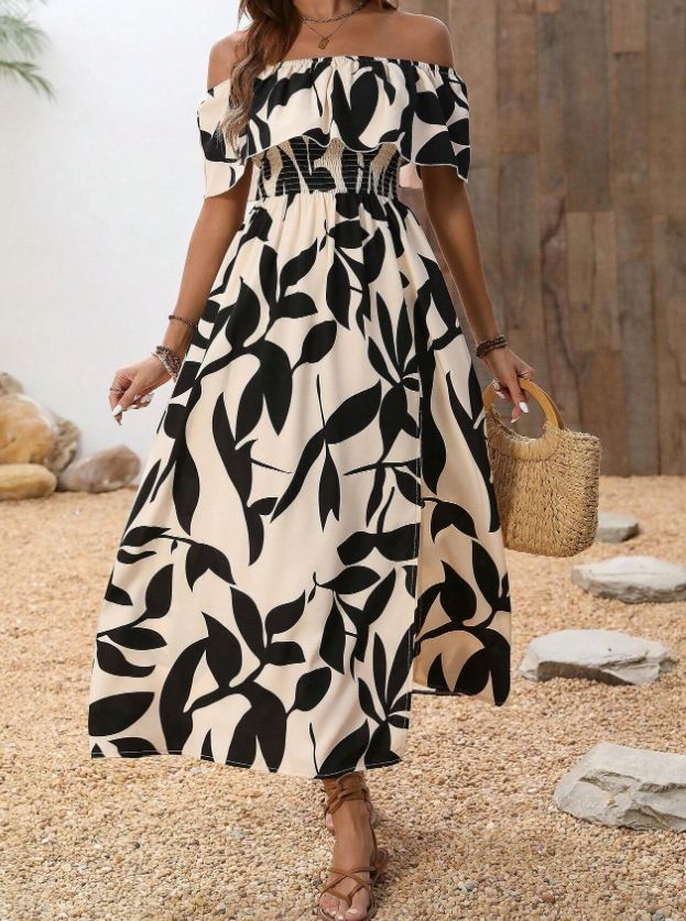 Cross-border European And American 2025 Summer New Sexy Slim Fit Printed Off-shoulder Dress_ecoleips.com
