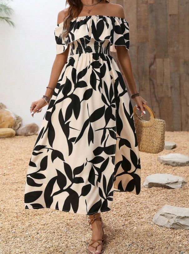 Cross-border European And American 2025 Summer New Sexy Slim Fit Printed Off-shoulder Dress_ecoleips.com
