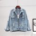Women's Distressed Denim Jacket, Casual Loose Fit Ripped Jean Coat, Long Sleeve Button Down Trucker Jacket, Daily Streetwear Outwear For Spring Autumn_ecoleips.com
