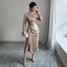 Voya Voya Autumn New Women's Gold Foil Round-neck Long-sleeve Dress With Slim Waist, Pleated Design, And Asymmetrical Slit Hem_ecoleips.com