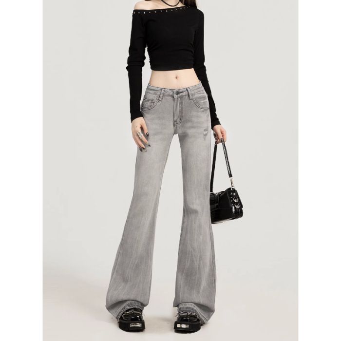 High-waisted, Frayed, Low-rise, Slightly Flared Jeans For Tall Women, Spring/summer, With Raw Edges Embroidery, Slim-fit_ecoleips.com