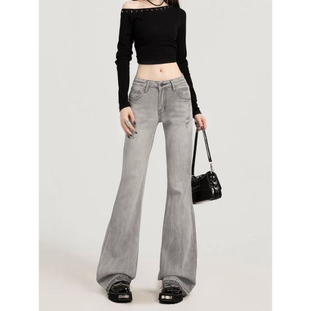 High-waisted, Frayed, Low-rise, Slightly Flared Jeans For Tall Women, Spring/summer, With Raw Edges Embroidery, Slim-fit_ecoleips.com