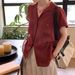 Women's Relaxed Vintage Style Cotton Linen Short Sleeved Shirt Summer French Chic Loose Fitting Slightly Pleated Simple Red Top_ecoleips.com