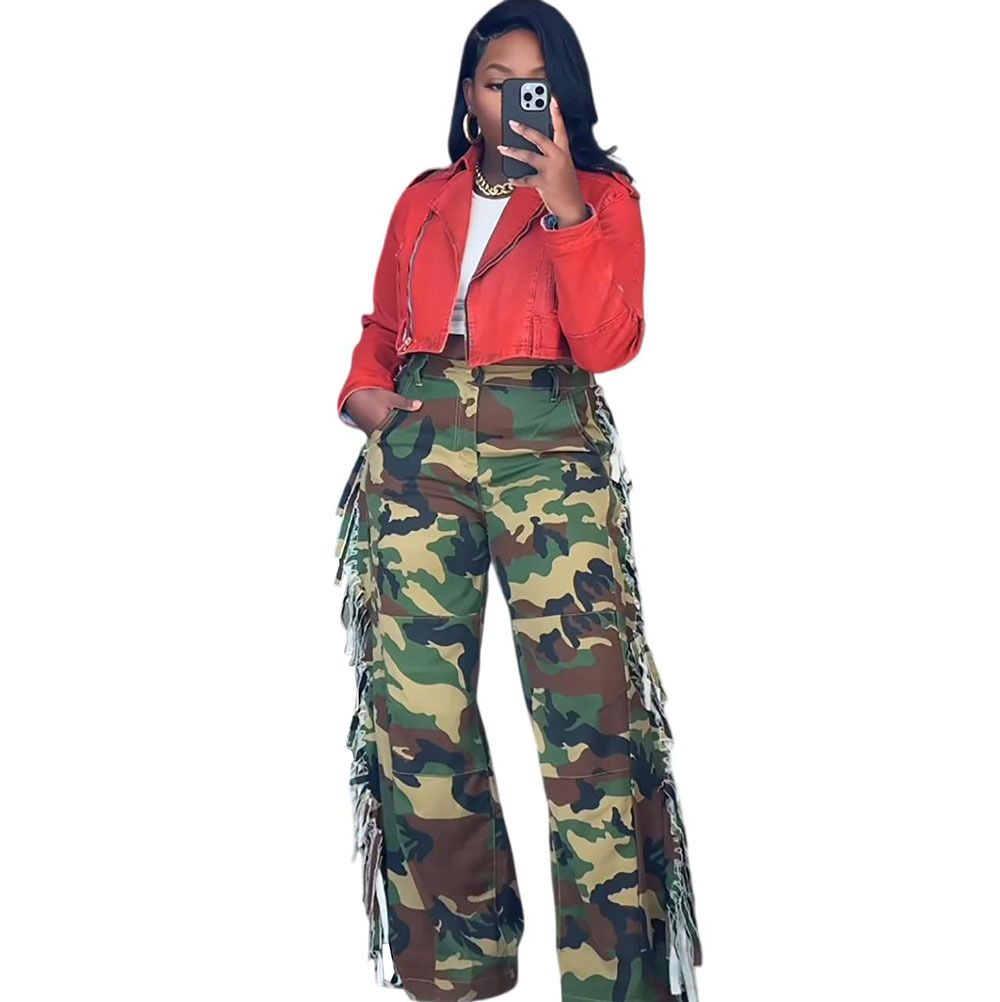 Women's Camouflage Wide Leg Pants European American Style Fashion Hot Girl Frayed Side Design Jeans_ecoleips.com