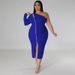 Plus Size Mesh Long Sleeve Dress With Side Slit, Asymmetric Neckline And Zipper Detail For Elegant Occasions_ecoleips.com