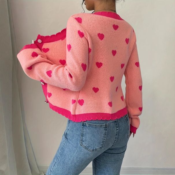 European American Cross-border Autumn And Winter Women's New Loose-fitting Cute Heart-patterned Knitted Cardigan_ecoleips.com
