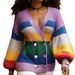 Women's Clothing Striped Color-Block V-Neck Cardigan – Oversized Polyester-Acrylic Blend Knit, Long-Sleeve Open Front Sweater(Violet, XXS-XXL)_ecoleips.com