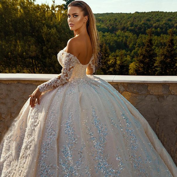 Women's Clothing Fashion Sparkly Long Sleeved Ball Dress With Waist And Backless Sequin Wedding Dress_ecoleips.com