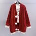 girl New Year Christmas Red Thickened Mid-Length Knitted Pom-Pom Hidden Button Frayed Edge Tassel Lazy Style Sweater Cardigan_ecoleips.com