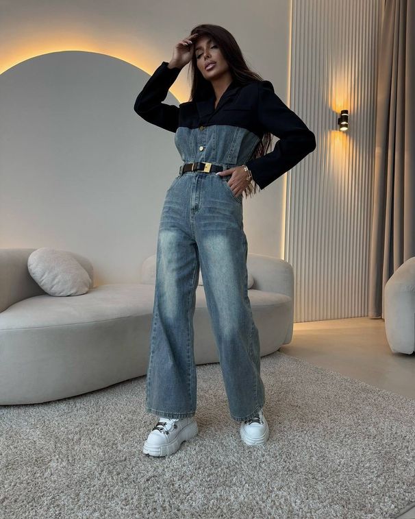 Women's Clothing Stitching Denim Jumpsuit High Waist Casual Straight Denim High Waist Straight Leg Casual Overalls Long Sleeve Stitching Design_ecoleips.com