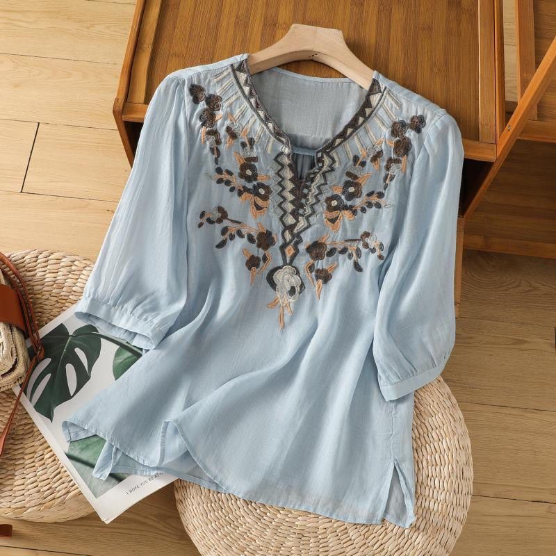 Embroidered V-Neck Cotton And Linen Summer Artistic Casual Blouse, Loose Mid-Sleeve Slimming Short-Sleeved Top For Women_ecoleips.com