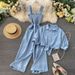 Women's Trend New Suspender Pleated Wide Leg Jumpsuit Stand Up Collar Short Sleeved Cardigan Shirt Two Piece Set_ecoleips.com