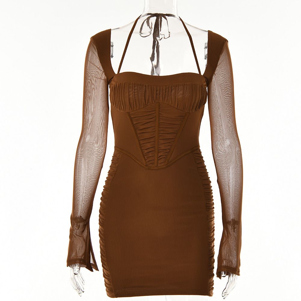 Women Hot Girl Style Dress With Long Sleeves, Halter Neck & Backless Detail_ecoleips.com