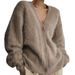 Women's Oversized VNeck Cardigan Sweater Soft Acrylic Knit Fall Winter Coat Cozy Casual Long Sleeve Open Front Outerwear (Grey/Khaki/Black/Pink/White)_ecoleips.com