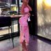 Pink Printed Strapless Irregular Dress Summer Chiffon Off Shoulder Women's Party Dress 2026 Casual Pleated Slim Fit Long Dress_ecoleips.com