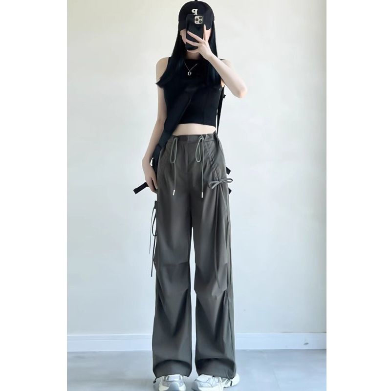 Parachute Work Women's Summer New High Waist Slimming American Design Butterfly Bow Wide Leg Long Pants_ecoleips.com